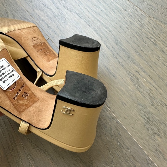 Chanel Slingbacks Beige Black Goatskin & Grosgrain Leather Heel Color Block - 36 - Picture 14 of 16